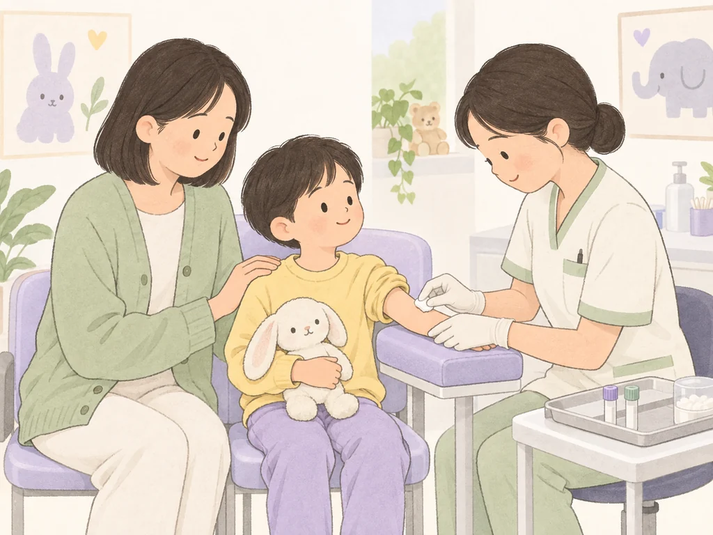 보호자가 곁을 지키는 가운데 혈액검사를 준비하는 아이