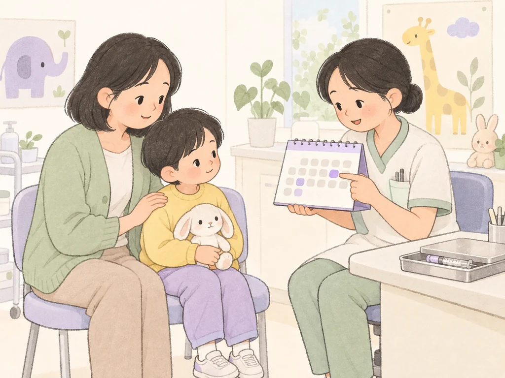 아이와 보호자가 간호사와 함께 병원 주사 일정을 살펴보는 모습