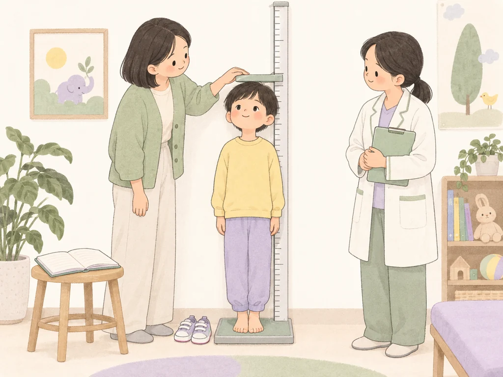 키 측정기 옆에 똑바로 서서 키를 재는 아이