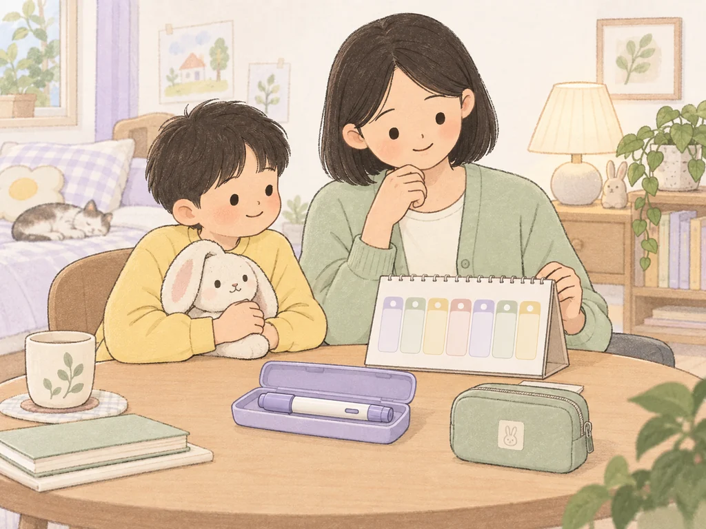 보호자와 아이가 집에서 주사 펜과 달력을 준비하는 모습