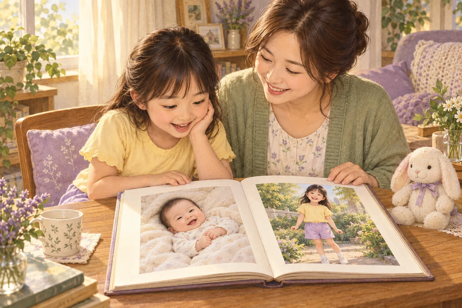 아이와 보호자가 아기 때와 지금의 사진을 나란히 담은 가족 앨범을 펼쳐 보는 모습