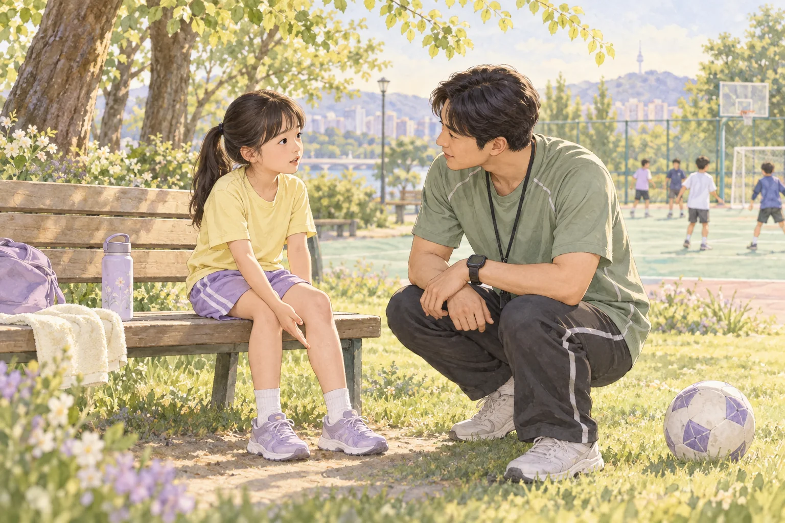 놀이를 멈추고 벤치에서 다리의 불편함을 보호자에게 설명하는 아이