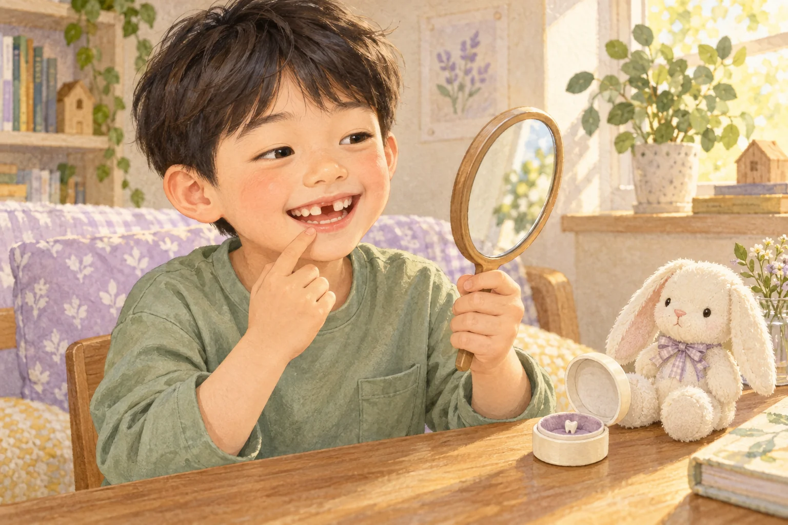 앞니 하나가 빠진 아이가 거울을 들고 웃으며 탁자 위 작은 치아 보관함을 보여주는 모습