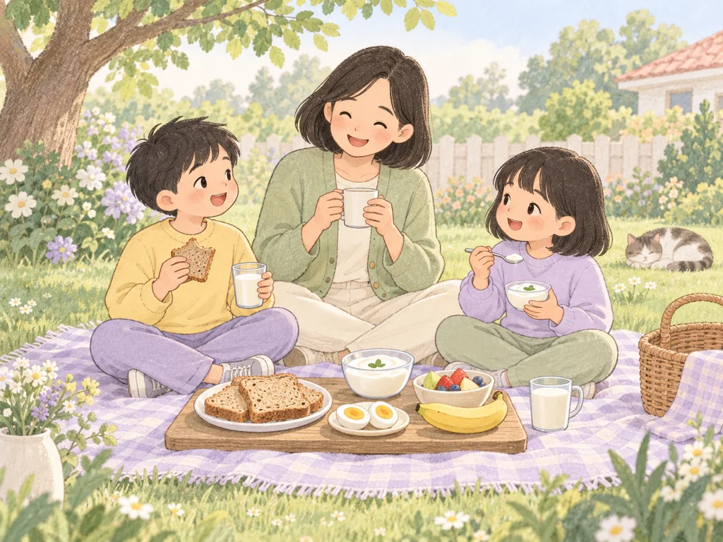 달걀과 토스트, 바나나와 요거트가 담긴 아침 소풍 식탁