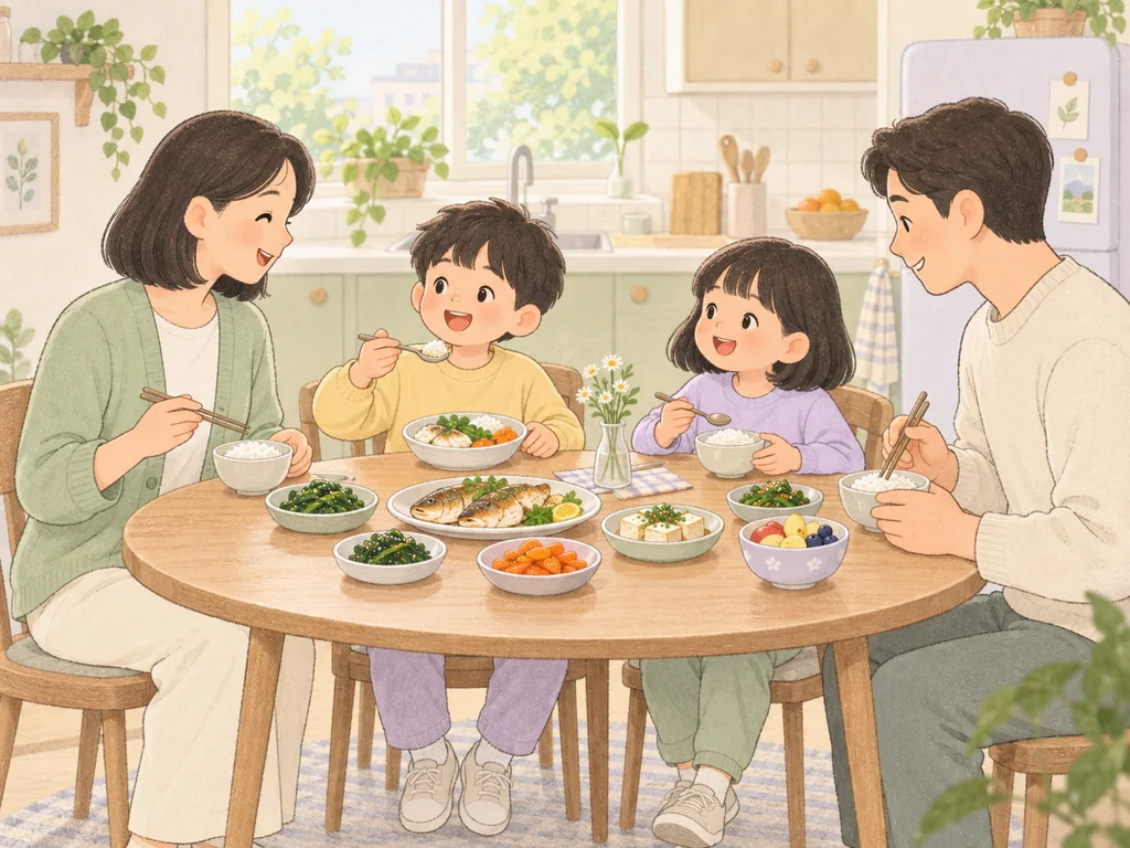 가족이 밥, 생선과 두부, 색색의 채소와 과일이 놓인 식탁에 둘러앉은 모습