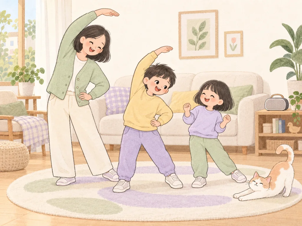 두 아이가 거실에서 음악에 맞춰 춤추고 고양이처럼 몸을 늘리는 모습