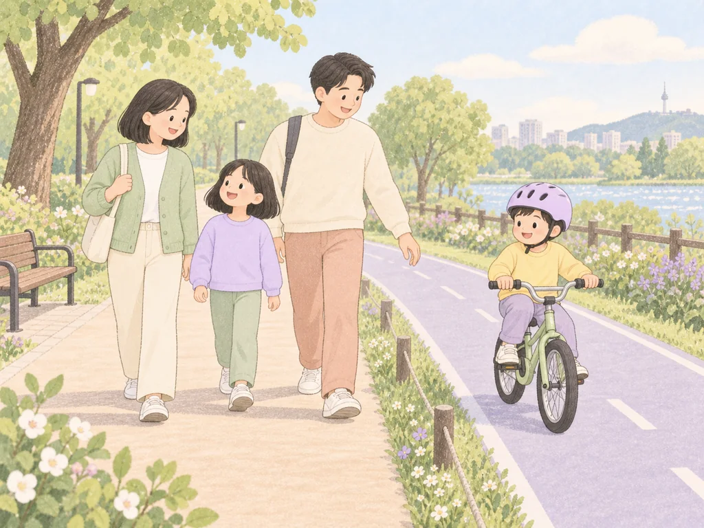 공원에서 걷고 자전거를 타며 함께 시간을 보내는 가족