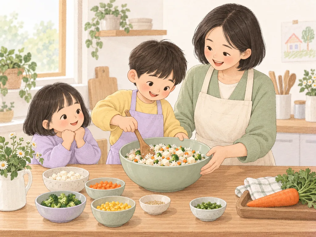 보호자 곁에서 아이가 채소를 담고 요리에 참여하는 모습