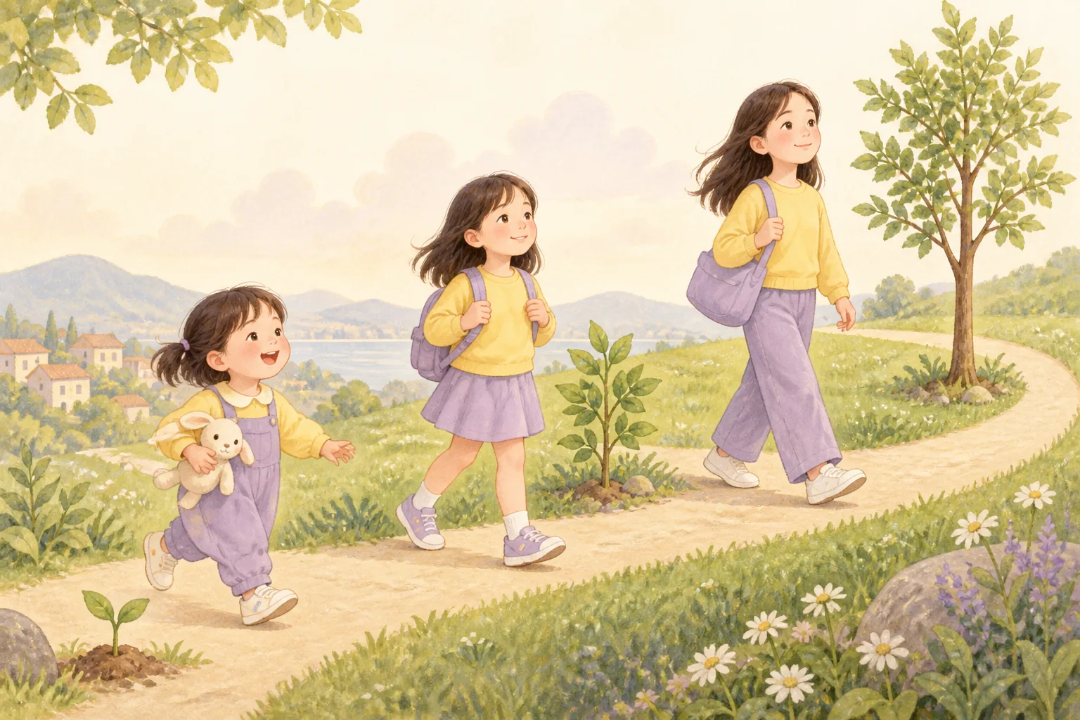아이가 부드럽게 휘어진 성장의 길을 따라가는 그림