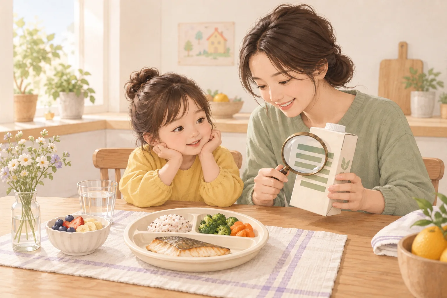 식사 재료와 식품 포장의 영양 표시를 살펴보는 모습