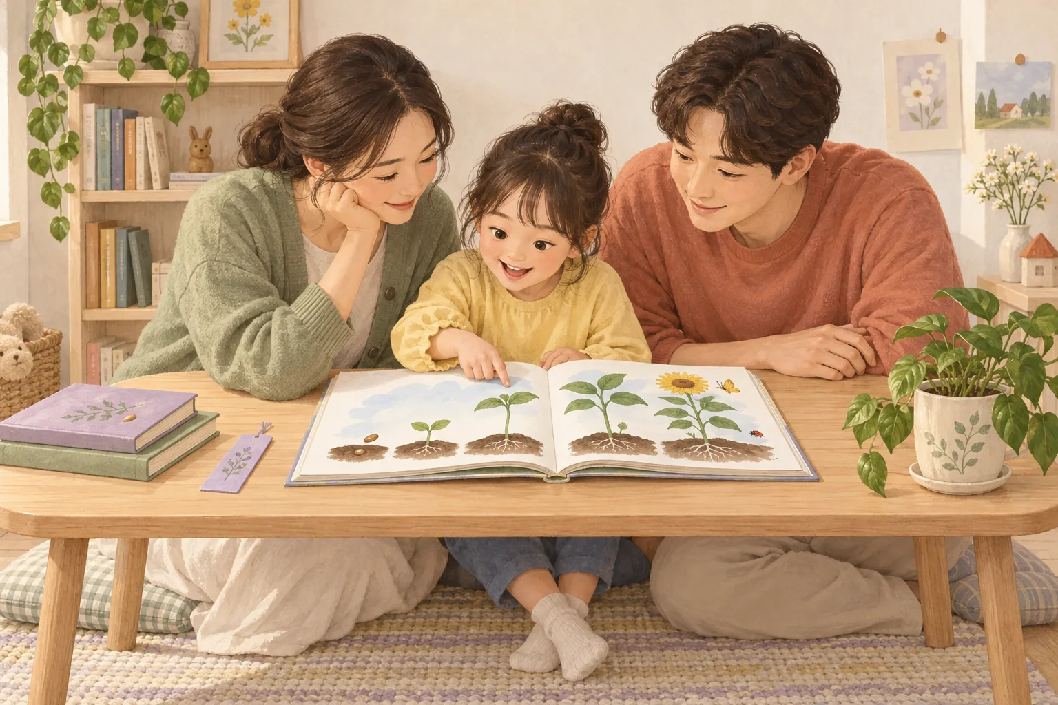 부모와 아이가 그림과 책을 펼쳐 놓고 성장 이야기를 읽는 모습