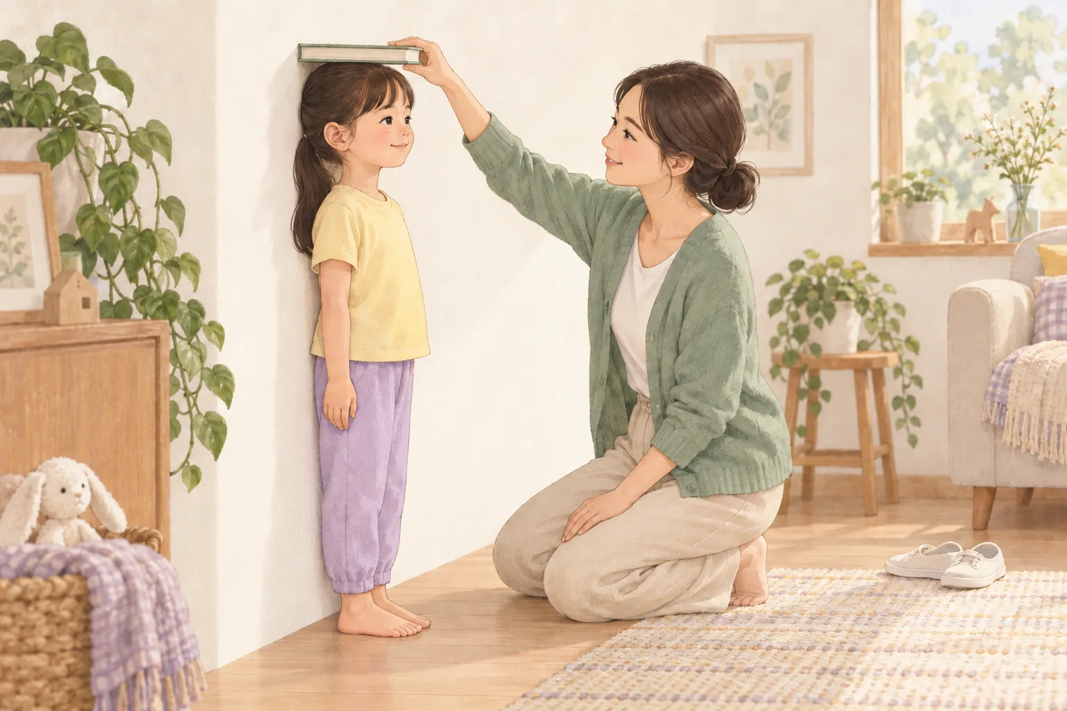 집에서 아이가 똑바로 서고 보호자가 키를 재는 모습