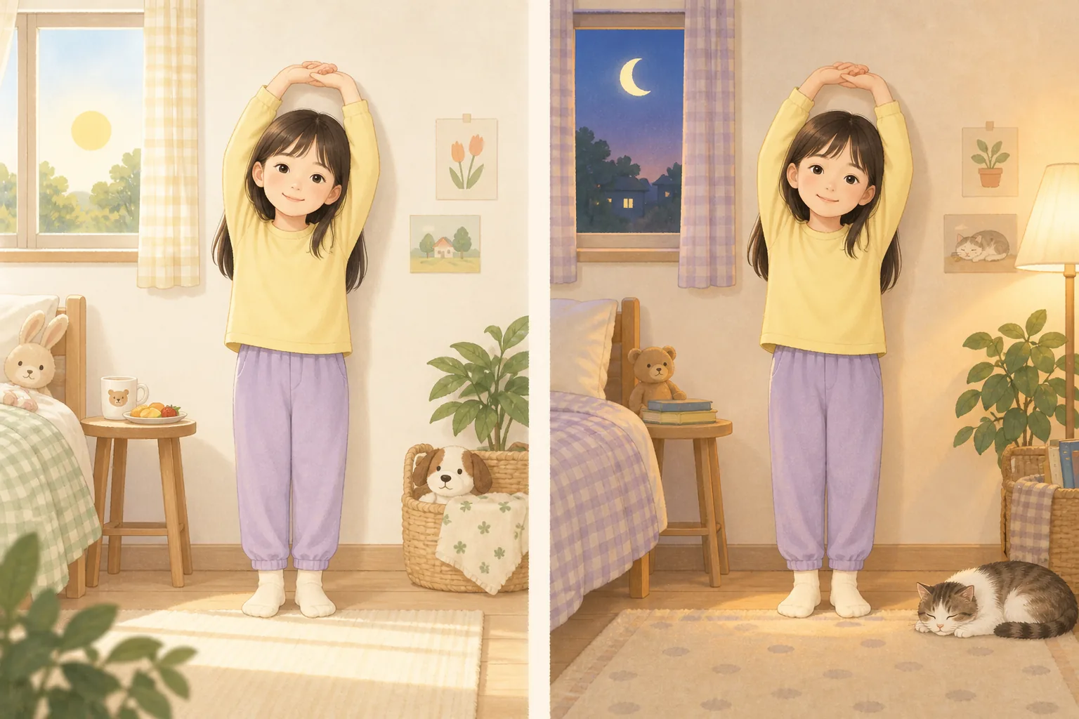 해가 뜬 아침과 달이 뜬 저녁의 아이를 나란히 그린 모습