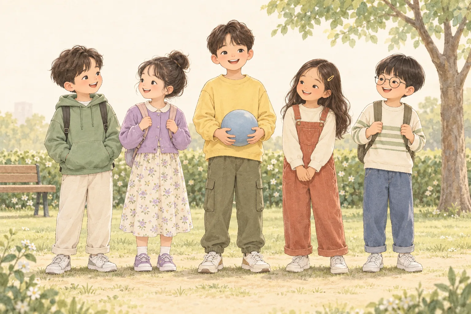 키가 서로 다른 친구들이 나란히 모여 있는 모습
