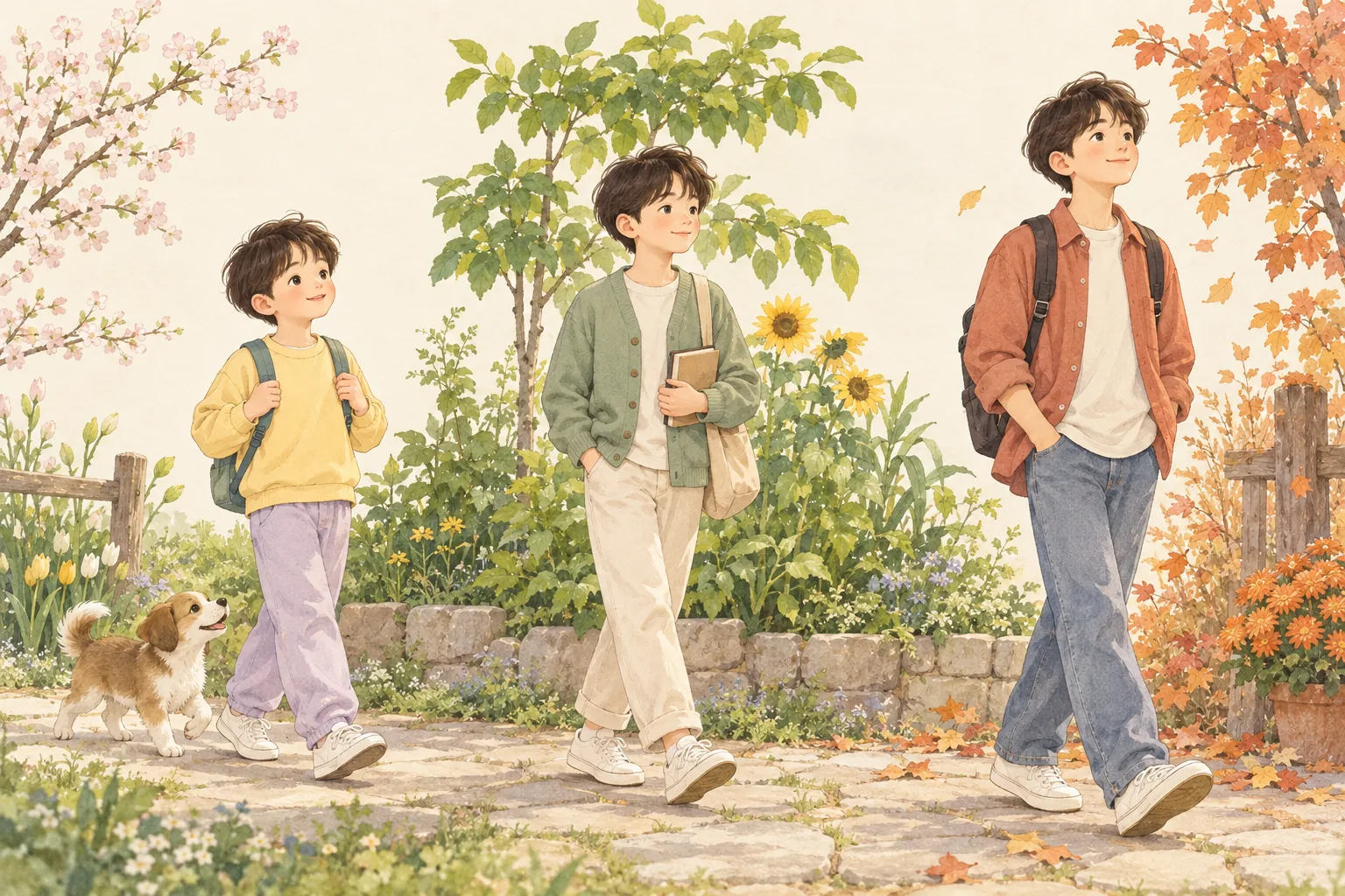 서로 다른 성장 시기의 아이들을 따뜻하게 표현한 그림