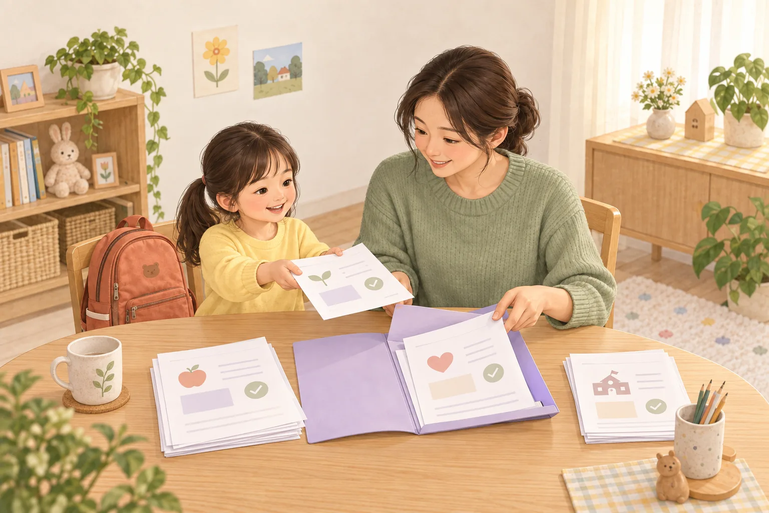 학교와 병원의 검진 종이를 성장 기록장에 정리하는 모습
