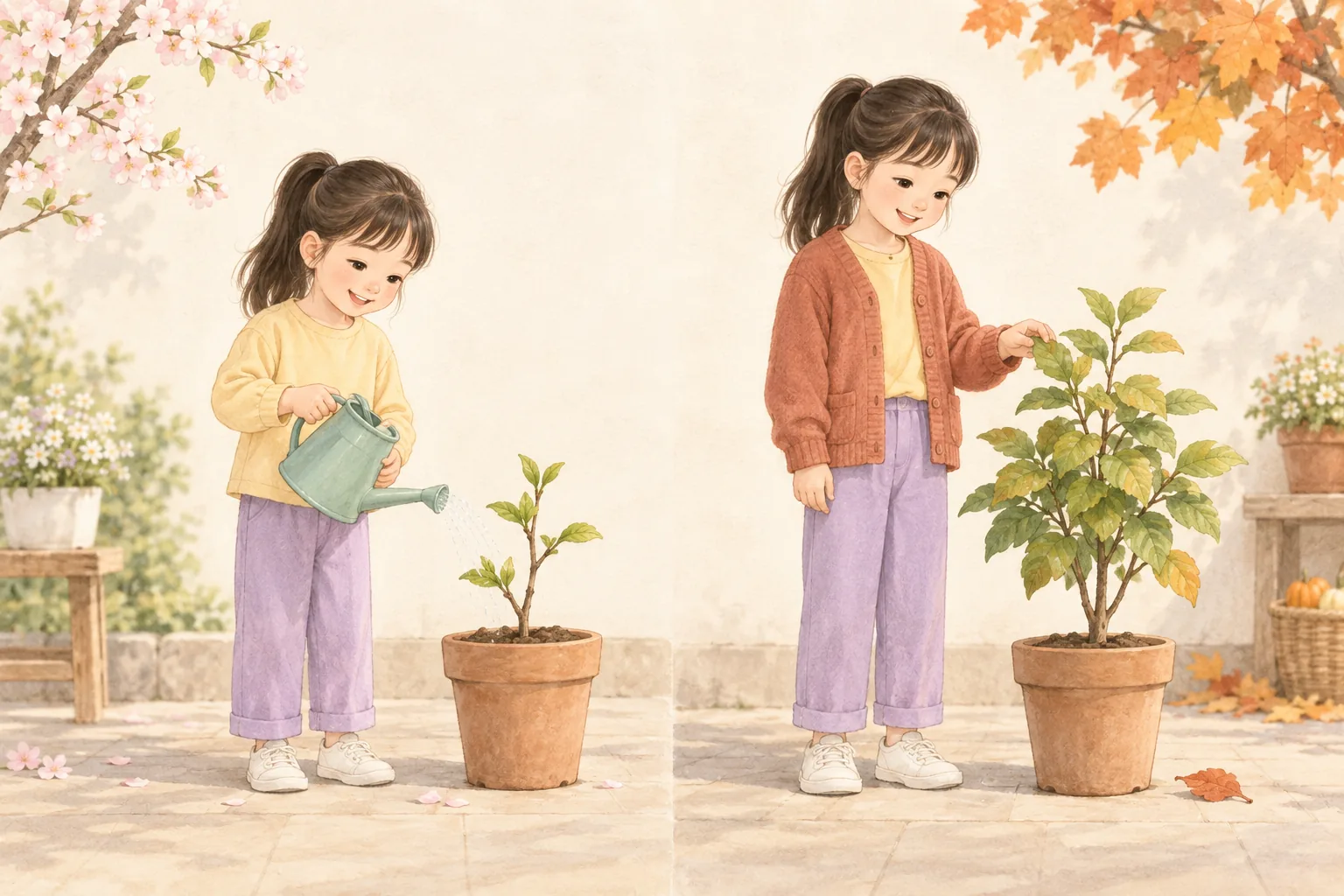 계절이 바뀌는 동안 화분을 돌보며 함께 자라는 아이